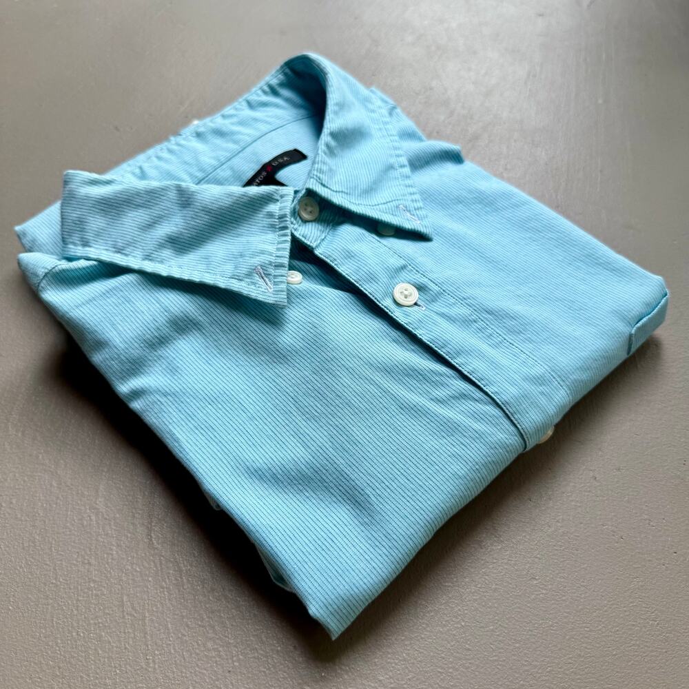 John Varvatos USA Large Blue Pinstripe Button Up Shirt Cotton Long Sleeve Preppy